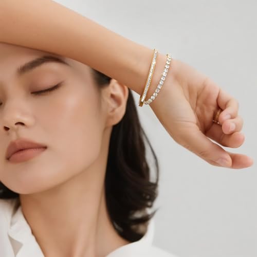 Stackable Gold Bracelets for Women - 2Pcs 18K Gold Plated Cubic Zirconia Bangle Bracelet Friendship Tennis Bracelet Stack Jewelry,Party Christmas Birthday Gift for Girlfriend Sister Wife Daughter - style: Gold Set_1