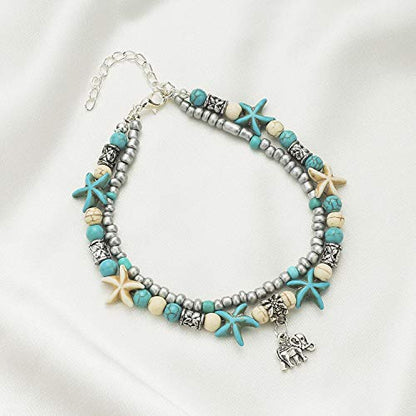 Starain Blue Turtle Anklets for Women Multilayer Beads Handmade Beach Ankle Bracelet Set Boho Foot Jewelry - color: Elephant Beaded Anklet