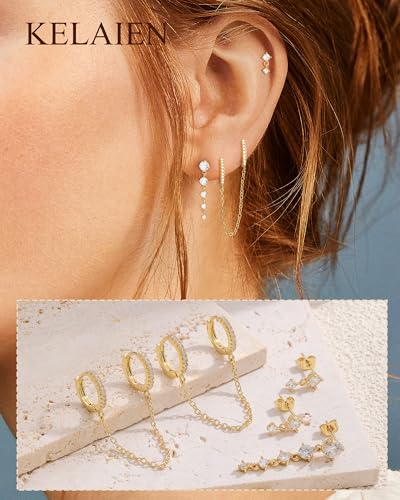 Gold Silver Earrings for Women Trendy 14K Gold Plated Dangle Hypoallergenic Cartilage Earrings Small 925 Sterling Silver Post Dainty Hoop Drop Pearl Earring Stacks Set Huggie Chain Earrings Jewelry - color: E-Chain Earrings-Gold