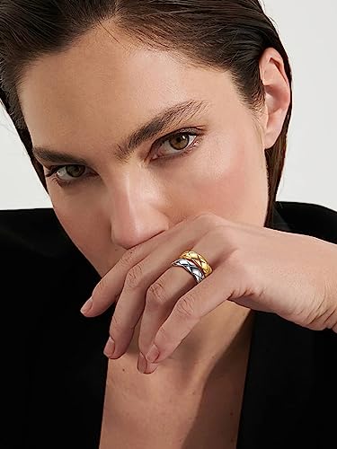 FOCALOOK Crush Bands Ring for Women Yellow Gold Plated 6MM Wide Wedding Promise Stacking Rings, Size 7-12 - color: 01.Silver