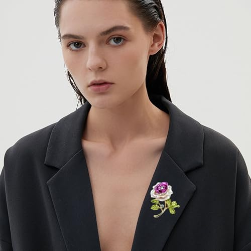 Gradient Purple Rose Flower Brooch Enamel Crystal Floral Lapel Pin Gold Tone Elegant Brooch for Women Suit Coat Scarf Accessory - color: Violet Pink