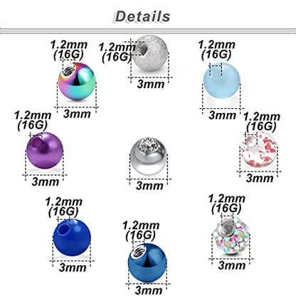 16G 3mm Replacement Balls Set &14G 5mm Piercing Balls Stainless Steel Glow in the Drak Plastic Replacement Balls Parts Jewelry Piercing Pearl Barbell Parts for Women Men 3mm 5mm Balls 72Pcs - color: B-3:16G 3mm Mix Color