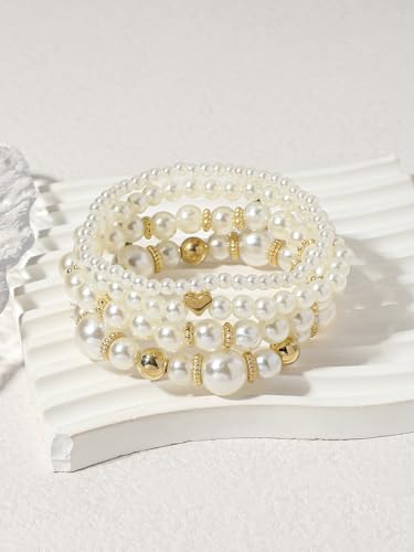 4/8 Pack Pearl Bracelets for Women Simulated Pearl Beaded Stackable Bracelet Set White Pearls Stretch Bracelet Set Multilayered Elastic Pearls Bracelets Bangles for Women Bridal Boho Jewelry - color: Gold