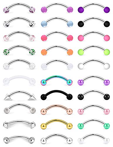SCERRING 16G Eyebrow Rings Clear CZ Tragus Helix Rook Daith Earrings Lip Ring Barbell Body Piercing Jewelry Retainer 6mm 8mm 10mm - style: 30PCS - 6mm Mix Color