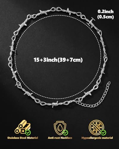 Stainless Steel Gothic Y2K Punk Rock Emo Biker Pendant Necklace | Cosplay Vintage Viking Alt Edgy Fashion Charm Necklace Jewelry for Men Women Active Daily Wear - style: Barbed Wire(Adjustable)