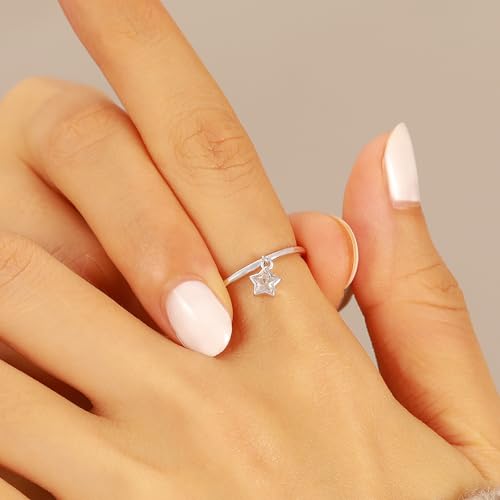 XAYAH Graduation Gifts 925 Sterling Silver Dainty Star Dangle Promise Ring for Women CZ Crystal Dangling Charm Stacking Ring Statement Engagement Rings Wedding Band Minimalist Birthday Jewelry Gifts - size: 7