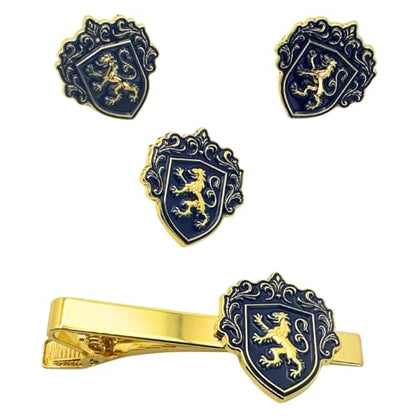 Men’s Cufflinks, Tie Bar, and Tie Pin Set – Royal Blue on Gold with Raised Lion Crest, Gift-Boxed for Business and Formal Occasions - color: Royal Blue on Gold