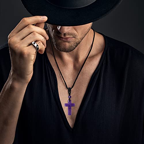 QINJIEJIE Cross Crystal Necklace Adjustable Black Rope Natural Gemstone Quartz Stone Necklaces for Men Women Father's Day Gift - color: Purple - Amethyst