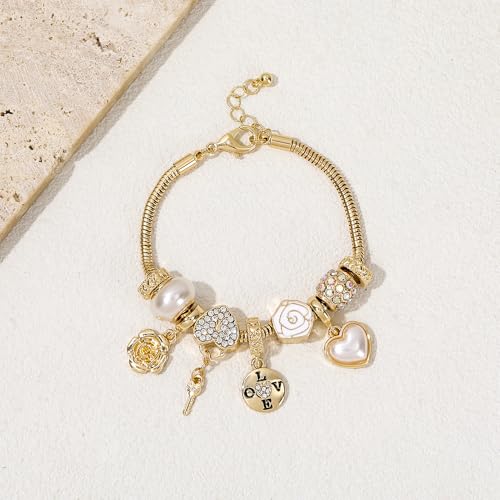 Charm Bracelet Gold Bracelets for Women Gifts | LOVE Heart Hollow Flower Bow Pink Green Square Gemstone Beaded Charm Bracelet Cute Adjustable Bracelet Jewelry - style: LOVE Lettered Disc