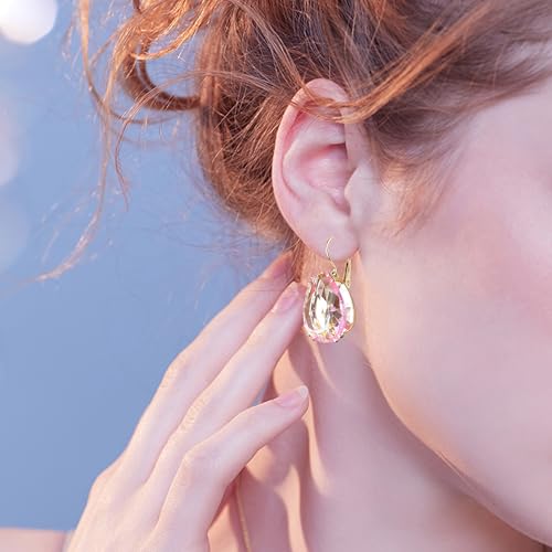 14K Gold Teardrop Crystal Leverback Earrings Sparkly Rhinestone Water Droplet Dangle Drop Earrings For Women - color: Light Pink