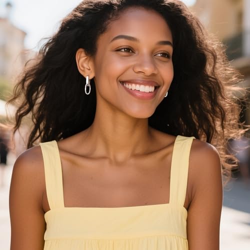 Silver Dangle Double Hoop Earrings For Women Paperclip Link Earring | Drop Small Silver Earrings Square Huggie Paperclip Dangly Hoop Silver Hoops Earrings Jewelry - color: Silver