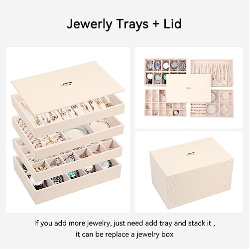 Voova Stackable Jewelry Organizer Tray with Lid (Set of 4, Apricot) | Stackable PU leather jewelry trays with drawer inserts for earrings, rings, necklaces, bracelets and watches; set of 4 - color: Apricot