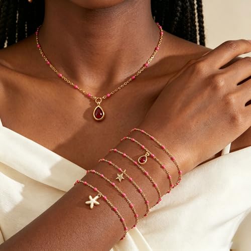 6 PCS Enamel Beaded Chains Bracelet Stainless Steel Link Bracelets | 6.7"+1.18", With Extender Chain, Fashion Jewelry Set, Gift For Women, Colorful, No Fade - color: Rose Gold