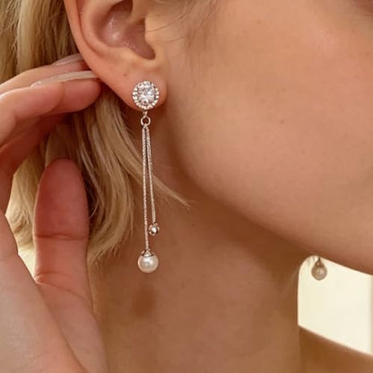 Long Tassel Pearl Drop Earrings, Silver-Tone CZ Crystal Earrings with Faux Pearl for Women, Elegant Korean Style