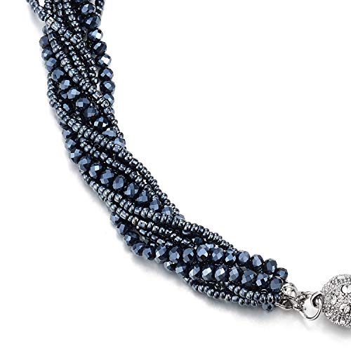 COOLSTEELANDBEYOND Multi-Layer Beads Crystal Braided Chain Choker Collar Magnetic Clasp,Statement Necklace, Bracelet - color: D-Necklace Dark Blue Color