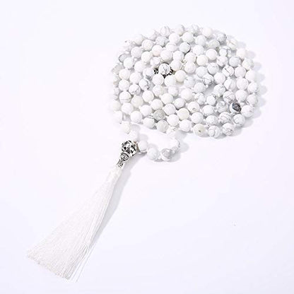 108 Mala Beads Necklace Semi-Precious Gem Stones Meditation Necklace 108 Hand Knotted Japa Mala Beaded Tassel Necklace with Tree of Life Pendant - color: Natural White Howlite