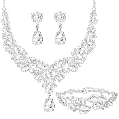 NEWITIN 4 Pieces Crystal Jewelry Set for Women Wedding Costume Accessories | Hypoallergenic, Cubic Zirconia, Necklace Earrings Bracelet, Tennis, Silver Jewelry for Wedding Bride Bridesmaid Party Prom - color: Silver Shiny
