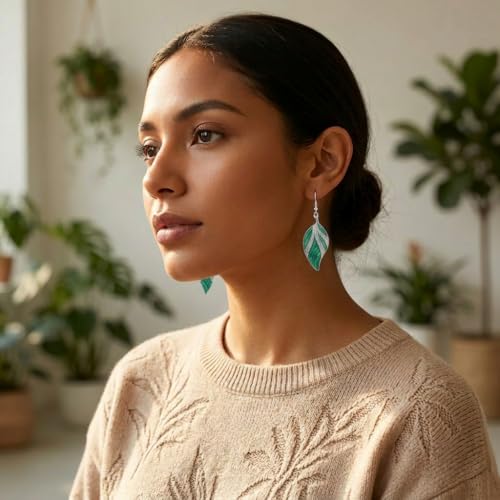 Leaf Dangle Earrings for Women, Boho Tropical Dangling Jewelry, Summer Earring Accessory, Birthday Gift for Her - color: Green