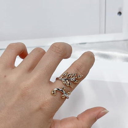 OIDIMS Leaf Statement Rings for Women Stainless Steel Gold-Tone Plated Adjustable Open Finger Band Fashion Plant Branch Leaves Wrap Thumb Ring Boho Stylish Daily Wear Holiday Fashion Jewelry - color: 2-Tone