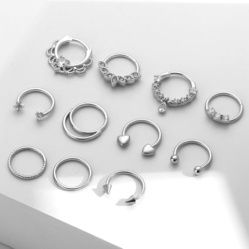11PCS 16G Septum Rings Surgical Stainless Steel Septum Jewelry Hinged Clicker Segment Horseshoe Septum Piercing Gold Plated Daith Earrings for Women Men 8mm 10mm - color: Silver Tone