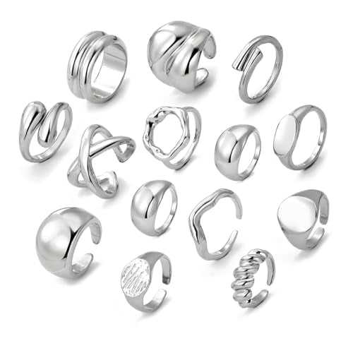 Chunky Rings for Women Non Tarnish 14k Stackable Dome Statement Rings Sets Vintage Dainty Knuckle Open Midi Finger Rings Jewelry Pack Gifts - style: Silver 14Pcs