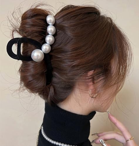 Jumwrit Large Pearl Hair Claw Clip Strong Hold Hair Jaw Clip Soft Black Velvet Hair Clamp Barrette Fashion Hair Styling Accessories for Women and Girls