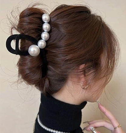 Jumwrit Large Pearl Hair Claw Clip Strong Hold Hair Jaw Clip Soft Black Velvet Hair Clamp Barrette Fashion Hair Styling Accessories for Women and Girls