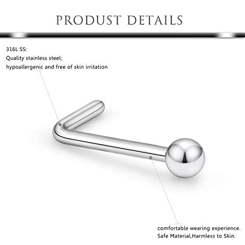 Hoeudjo Nose Studs Surgical Steel Cubic Zirconia Nose Rings Kit for Women Men Tiny Nose Stud Screw & Bone & L Shaped Nostril Rings Piercing Jewelry 22 Gauge 16 Pieces - color: L-shaped nose ring, silver-tone