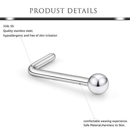 Hoeudjo Nose Studs Surgical Steel Cubic Zirconia Nose Rings Kit for Women Men Tiny Nose Stud Screw & Bone & L Shaped Nostril Rings Piercing Jewelry 22 Gauge 16 Pieces - color: L-shaped nose ring, silver-tone