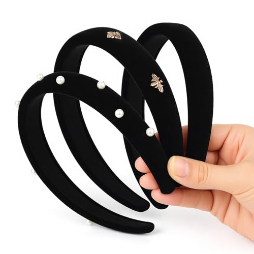 3pcs Non Slip Padded Black Headbands 3 Styles - Black Velvet Headbands For Women - Fashion Stylish Headband For Women With Pearl & Bee Design