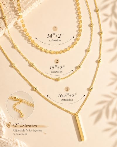 3 Pcs 14K Gold Plated Layered Gold Necklaces Stack for Women Pendant Set | Stackable Layering Design,Lightweight Fit,Tarnish-Resistant Finish,Adjustable Size,Less Tangling,Pretty Gift Jewelry - color: Gold Bar