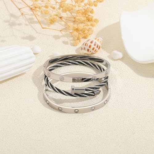 Camhanno Stackable Silver Bracelets for Women Stainless Steel Love & Friendship Bangle, Mothers Day Valentines Birthday Christmas Jewelry Gifts for Mom Her Wife Grandma - style: Style 13