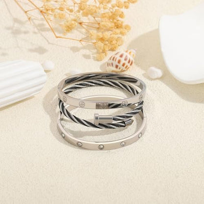 Camhanno Stackable Silver Bracelets for Women Stainless Steel Love & Friendship Bangle, Mothers Day Valentines Birthday Christmas Jewelry Gifts for Mom Her Wife Grandma - style: Style 13