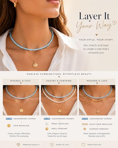 Natural Heishi Gemstone Choker Necklace for Women, Adjustable 15"+2" Beaded Layering Necklace, Coastal Beach Jewelry Gift for Her - color: Aquamarine