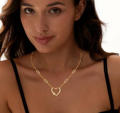 CAROVO 18K Gold Silver Plated Paperclip Chain Necklace for Women Delicate Love Heart Pendant Link Paperclip Chain Necklaces for Women - style: D: Heart CZ Necklace