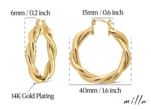 Milla Twisted Hoop Earrings for Women – Hypoallergenic Silver or Gold Statement Hoops – Lightweight & Easy to Wear - color: Gold Plated / 1.6 in / Small