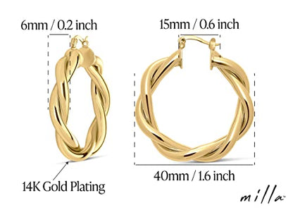Milla Twisted Hoop Earrings for Women – Hypoallergenic Silver or Gold Statement Hoops – Lightweight & Easy to Wear - color: Gold Plated / 1.6 in / Small