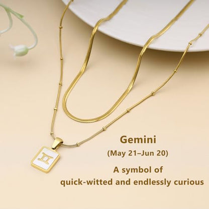 LETFLY Layered Zodiac Necklace for Women 18K Gold Natural Shell Pendant | Birthday Gifts for Women, Daily Wear, Hypoallergenic Material, Personalized Constellation Pendant, Adjustable, Snake Chain - style: Gemini