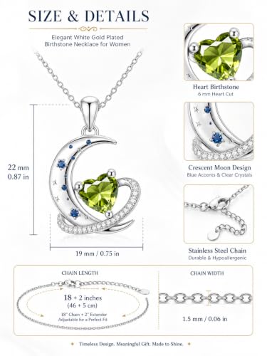 Birthstone Necklace for Women White Gold Moon and Star Pendant Moon Jewelry Anniversary Birthday Gifts for Mom Wife Her - color: 08. August - Peridot