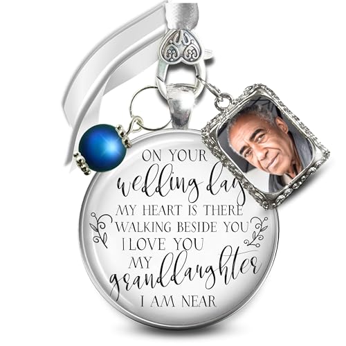 Bouquet Charm On Your Wedding Day Memorial Honoring Mom Dad Grandma Grandpa Meaningful Bridal Floral Jewelry Silver Finish Pendant Bride's Flowers Photo Frames Parent Grandparent - color: Blue Bead, style: My Granddaughter | 1 Frame