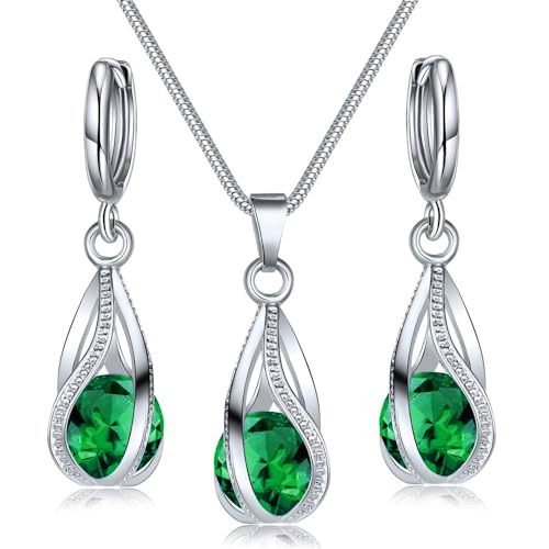 IFKM Silver Jewelry Sets for Women Rhinestone Crystal CZ Bridal Bridesmaid Accessories Necklace Earrings set for Wedding Prom Anniversary Birthday Gifts - color: Green