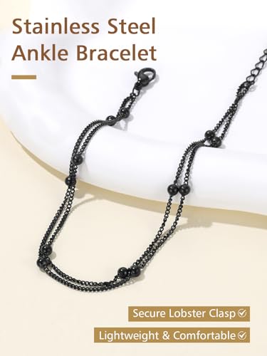 FindChic Ankle Bracelets for Women, Silver/Black/Gold Plated Layered Stainless Steel Anklets, Non-Tarnish Adjustable Waterproof Trendy Foot Jewelry for Beach Summer - style: Layered Ball Chain-Black