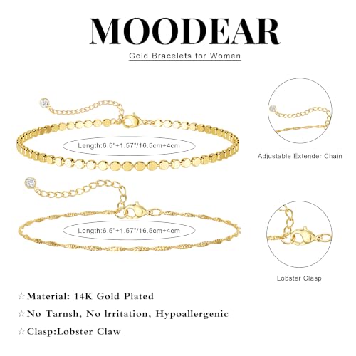 Moodear Gold Bracelets for Women, 2PCS Dainty 14K Gold Plated Link Chain | Waterproof Non Tarnish Jewelry, Adjustable Gold Plated Link & Bead Chain, Perfect for Daily Wear, Vacation Outfits & Gifts - color: gold-6