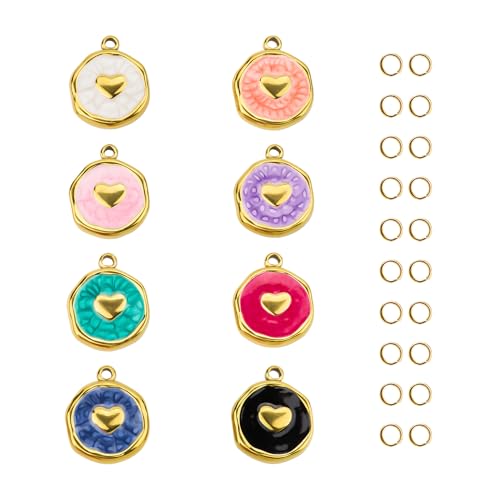 UMAOKANG 8pcs Assorted Colorful Enamel Charm for Jewelry Making, Gold Plated Stainless Steel Round Heart Charms Pendants Bulk - color: Round Heart