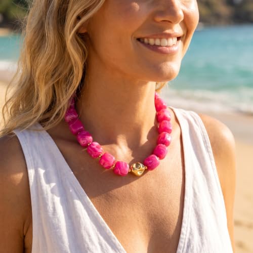 Chunky Beaded Necklace for Women,Square Resin beads boho Choker Necklace with gold-tone spacers,Fashion Trendy Summer Beach Party Necklaces Handmade Surfer Beach Necklaces Jewelry Gifts - color: Magenta