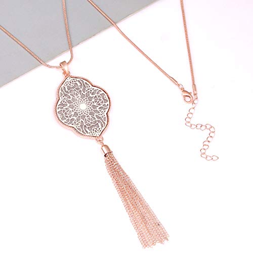 MOLOCH Long Necklaces For Woman Disk Circle Pendant Necklaces Tassel Fringe Necklace Set Statement Pendant - color: quatrefoil-shaped-rose gold