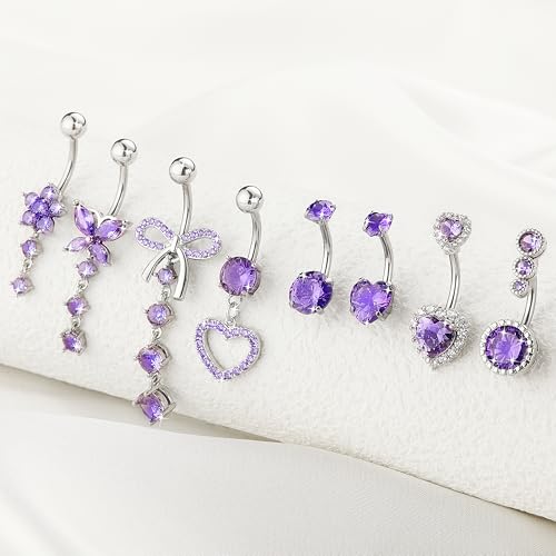 BSJ4U 8Pcs Gold Pink Silver Belly Button Ring Dangle Navel Belly Piercing Jewelry Cute CZ Butterfly Heart Flower Bow Navel Belly Rings for Women 14G Hypoallergenic Surgical Stainless Steel Dainty Dangling Dangly Belly Button Piercing Pack - color: Purple