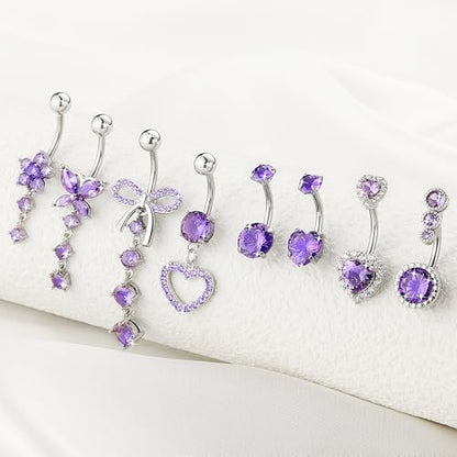 BSJ4U 8Pcs Gold Pink Silver Belly Button Ring Dangle Navel Belly Piercing Jewelry Cute CZ Butterfly Heart Flower Bow Navel Belly Rings for Women 14G Hypoallergenic Surgical Stainless Steel Dainty Dangling Dangly Belly Button Piercing Pack - color: Purple