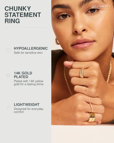 PAVOI 14K Gold Plated Chunky Statement Ring | Chunky Stackable Wide Band for Women - color: Yellow Gold