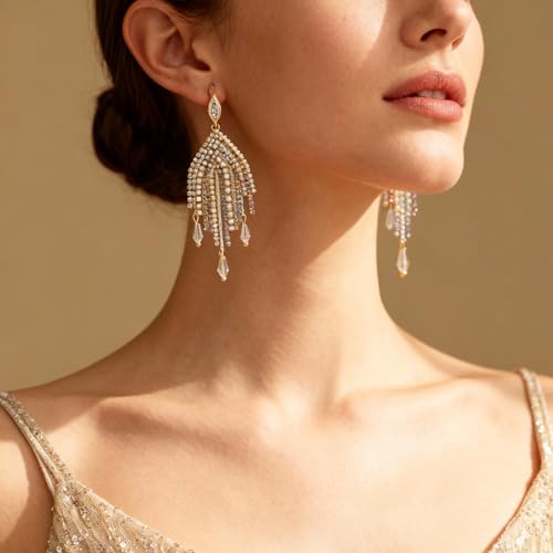 Fringe Dangling Tassel Earrings for Women, Handcrafted Chandelier Long Bohemian Beaded Cubic Zirconia Crystal Imitation Pearls Inlay Statement Boho Chain Hook Earrings for Wedding Party - color: White Gold Hook